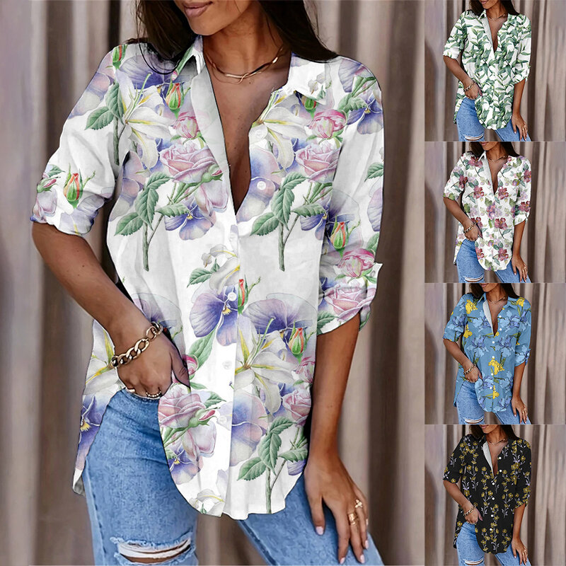 Camisa de botão floral simples e fresca, camisa de manga comprida, fina, versátil, férias diárias, casual, elegante