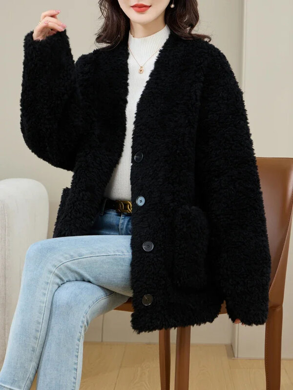 New AYUNSUE Fashion 2024 Sheep Shearing Jacket for Women Autumn Winter Black Lamb Wool Coat Mid-length V Neck Fur Coats Abrigos