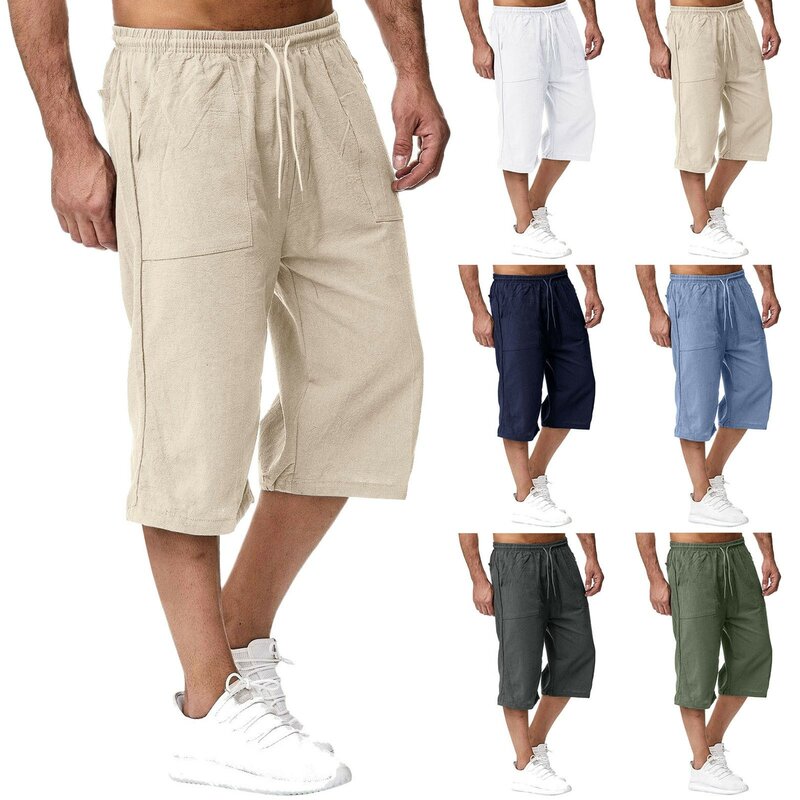 Summer Men's Casual Shorts Cotton Blended Long Elastic Waist Loose Pocket Drawstring 3/4 Length Shorts Daily Street Wear