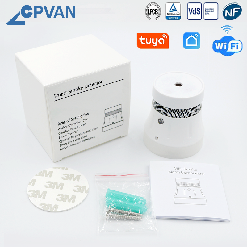 CPVAN-Detector de humo Tuya con wifi, combinación de alarma contra incendios, 85dB, alta sensibilidad, para casa