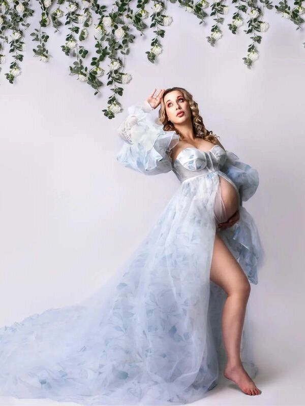 14509#Floral Printing Maternity Dresses for Photography Pregnant Gowns with Removable Sleeve Pregnancy Women Photoshoot Dress