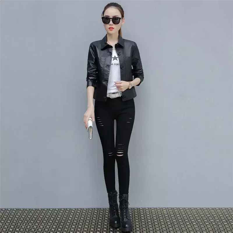 Leather Jacket Women Caramel  Short Slim PU Coat 2024 New Spring Autumn Korean Fashion Chic Clothing
