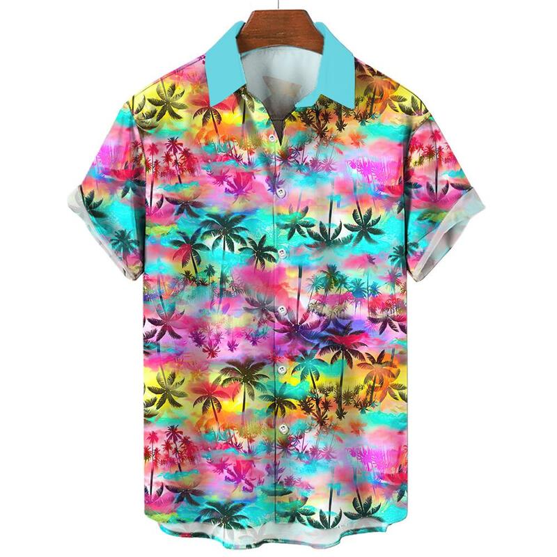 2024 남성용 하와이 셔츠, 3D 프린트 코코넛 트리 그래픽, 여름 반팔 셔츠, 하와이 스타일 패션, 유니섹스 알로하 셔츠