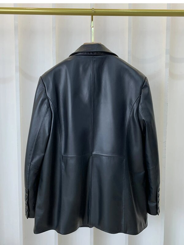 Женский блейзер из натуральной кожи, черный пиджак свободного покроя, осень 2023