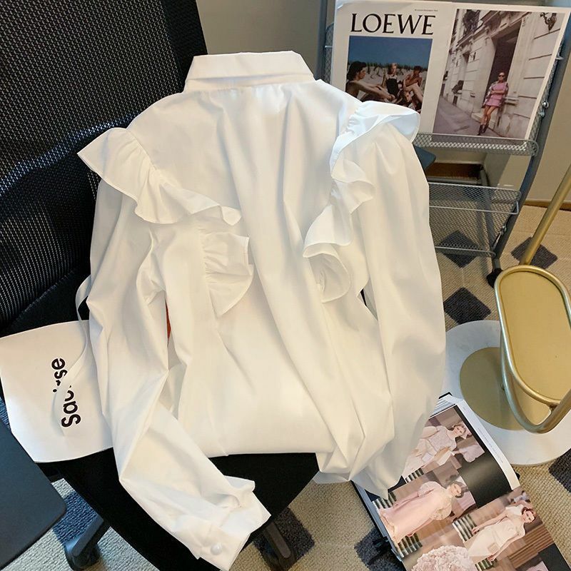 여성 프릴 플라워 긴팔 셔츠, 용수철 용수철 루즈핏 코트, 고급스러운 상의, 프렌치 시크