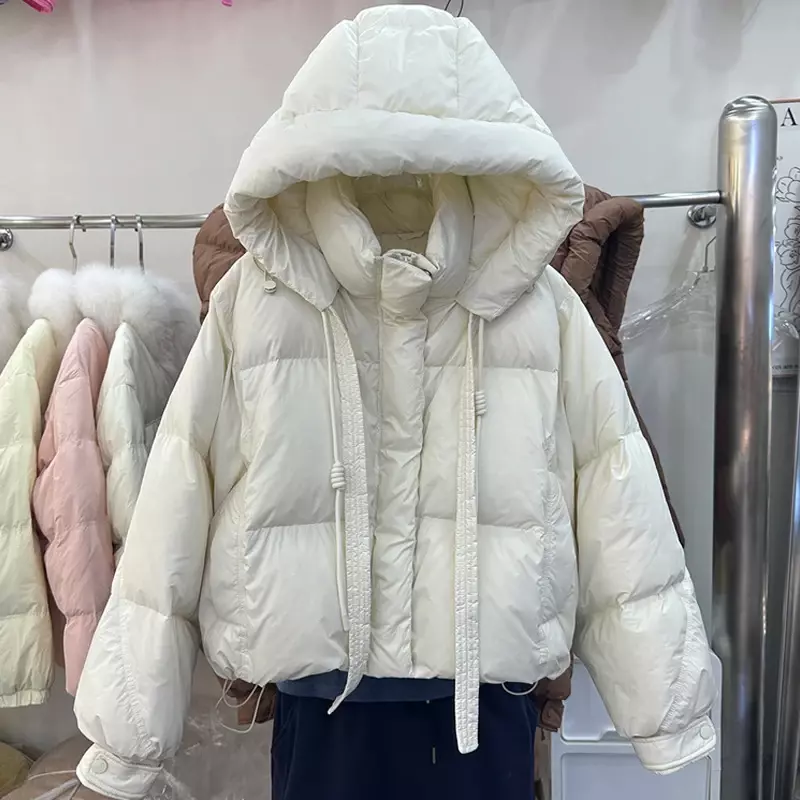Women White Duck Down Jacket with Hood Casual Over Size Autumn Winter Warm Loose Korean Style Outwear 2024 New LJ43