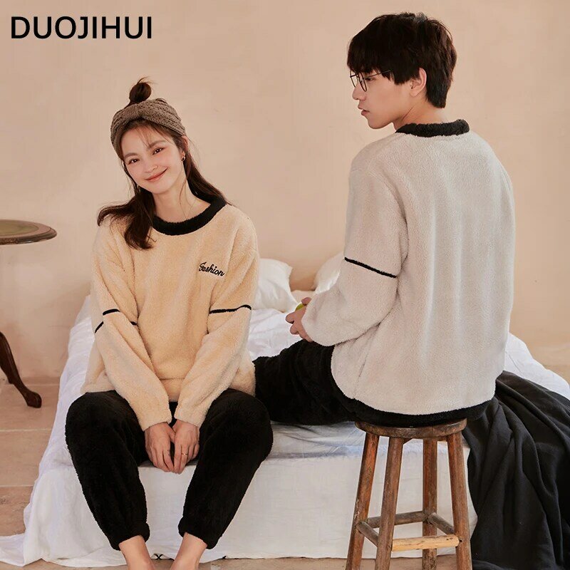 DUOJIHUI Couple Clothes Two Piece Casual Home Pajamas for Women Winter Flannel Warm Soft Loose Simple Fashion Female Pajamas Set