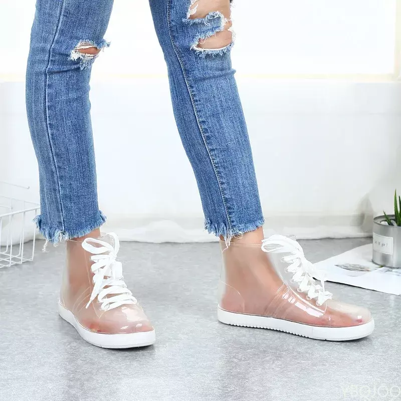 Fashion Transparent Rain Boots Female Plastic Straps Student Casual Water Shoes Flat Non-slip Waterproof All-match Water Boots