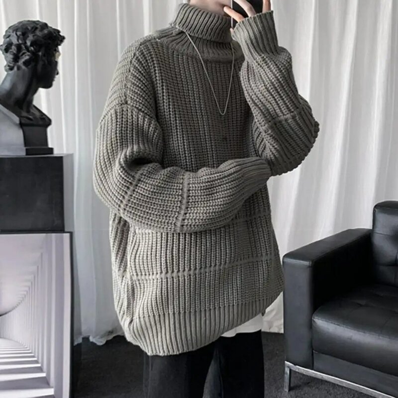 Men Turtleneck Sweater Winter Fall High Collar Neck Protection Loose Knitted Sweater Elastic Warm Casual Men Pullover Sweater
