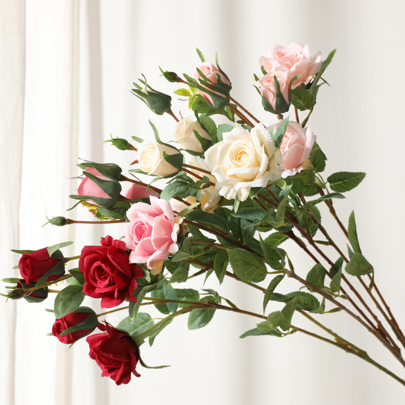 YO CHO 긴 줄기 인공 꽃 실크 장미 가지, 화이트 핑크 웨딩 홈 테이블 장식, 가짜 작은 장미 꽃, 4 가지
