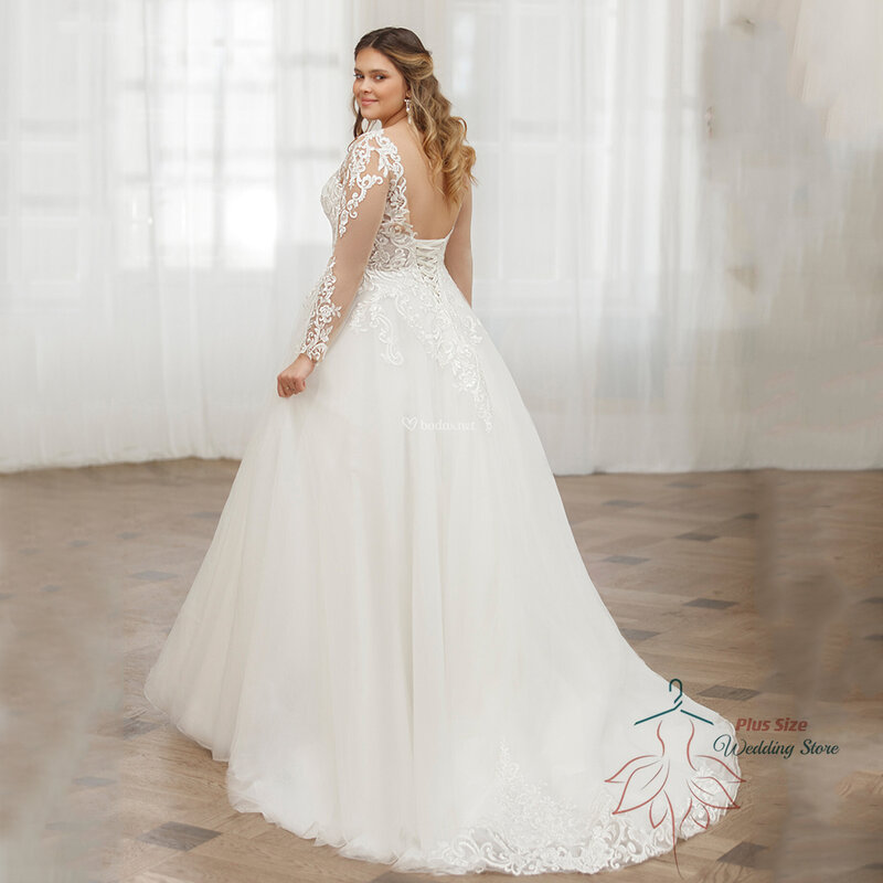 Pastrol Wedding Dresses V Neck Long Sleeves Bride Gowns Lace Appliques Back Lace Up Tulle A-Line Sweep Train Vestidos De Novia