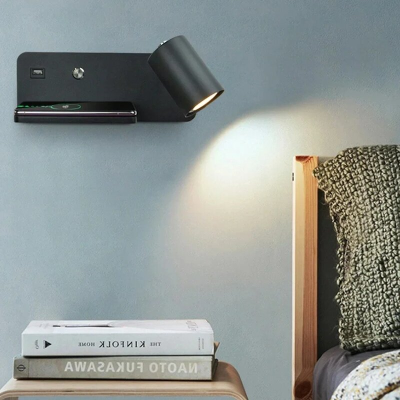 Lampada da parete a LED lampada da parete per lettura interna telefono cellulare ricarica Wireless e luci da parete di ricarica USB illuminazione da comodino per camera da letto