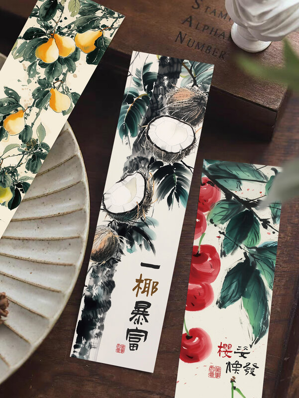 30pcs Lucky Bookmarks with Chinese Feng Shui Fruit Homophonic Blessing Words Decorative Reading Books Notebook Mark Cards