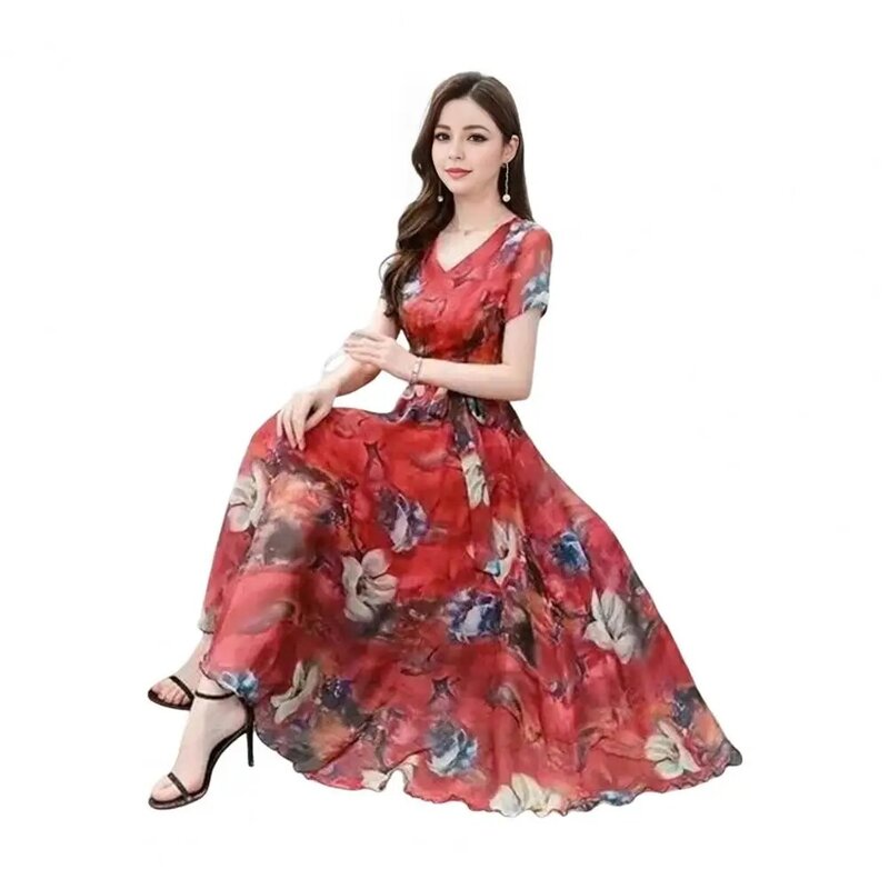 Printed Dress Elegant Floral Print A-line Maxi Dress with Lace-up Waist V Neck for Proms Parties Evening Events Loose Fit Dress