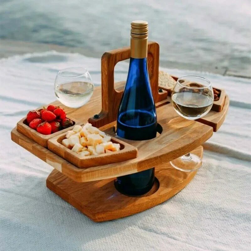 Mesa de piquenique dobrável de madeira com suporte de vidro Mesa dobrável redonda Cremalheira de vidro de vinho Bandeja para festa de jardim