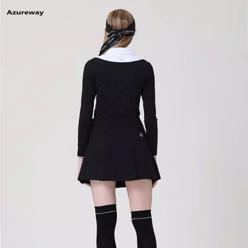 Azureway-Tops de Golf de manga larga para mujer, camisas ajustadas con solapa, pantalón de tubo elástico, traje plisado de Golf, Otoño e Invierno