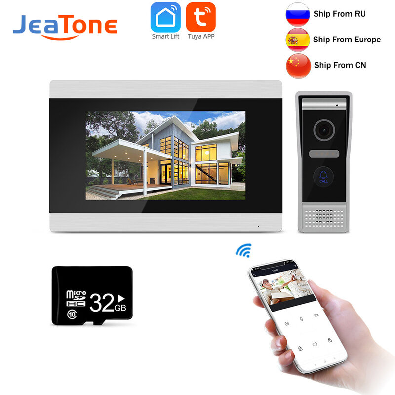 Jeatone-intercomunicador de vídeo IP Tuya, 7 pulgadas, pantalla completamente táctil con tarjeta SD de 32G, sistema de seguridad, WiFi, Control de acceso inteligente, timbre
