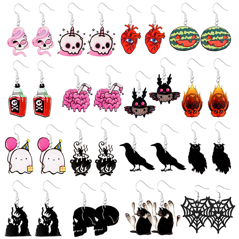 귀여운 만화 고양이 까마귀 UFO 박쥐 디자인 귀걸이, 할로윈 귀걸이, 아크릴 주얼리, 다목적 액세서리