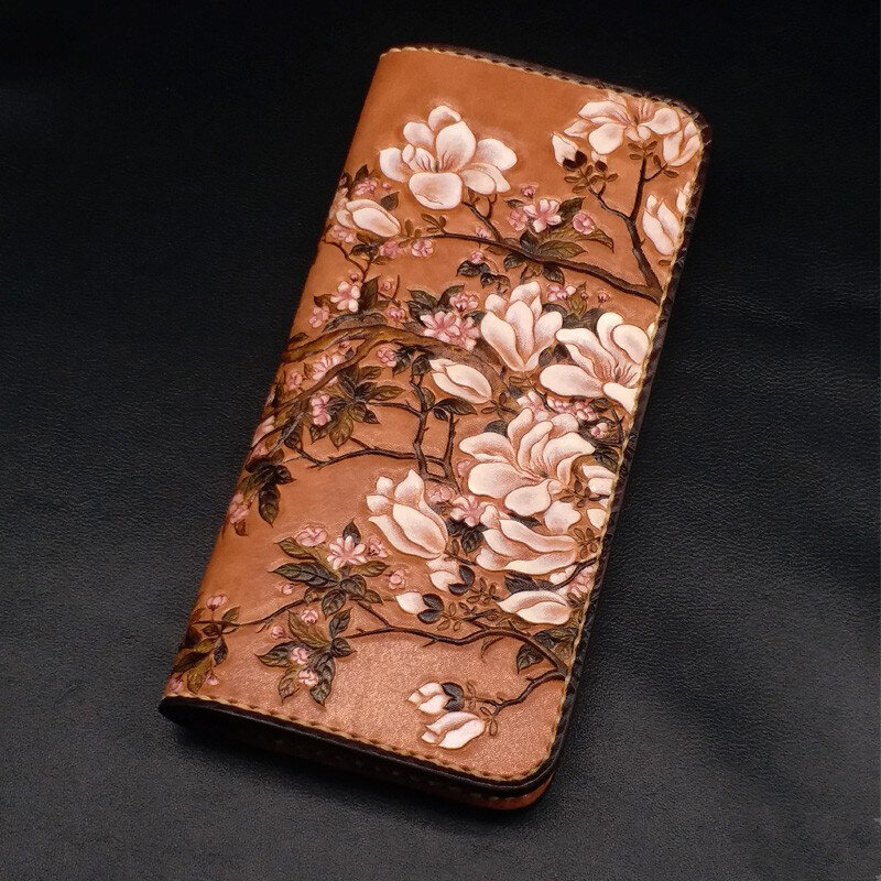 اليدوية النساء جلد طبيعي ماغنوليا محافظ زهرة المحافظ طويلة مخلب الخضار المدبوغة محفظة جلدية حامل بطاقة