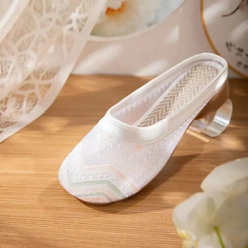 New Women's Summer Mesh Baotou Embroidered Low Heel Slippers Soft Sole Non Slip Home Slippers Free Shipping Outdoor Slippers