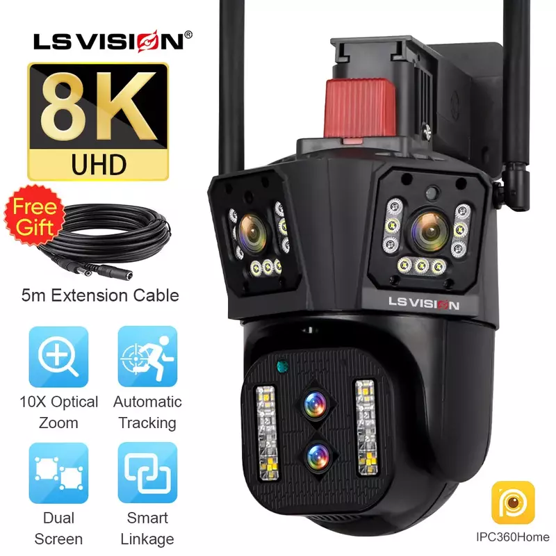 LS VISION 8K UHD WIFI IP Camera Outdoor 10X Zoom ottico Auto Tracking 6K PTZ quattro lenti telecamera di sicurezza impermeabile a tre schermi