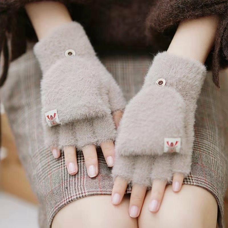 เลียนแบบ Mink ถุงมือ Fingerless Flip Mittens ฤดูหนาว Warm Wool ถุงมือครึ่งนิ้วฝาครอบถักการ์ตูนเยาวชนผู้หญิง T149