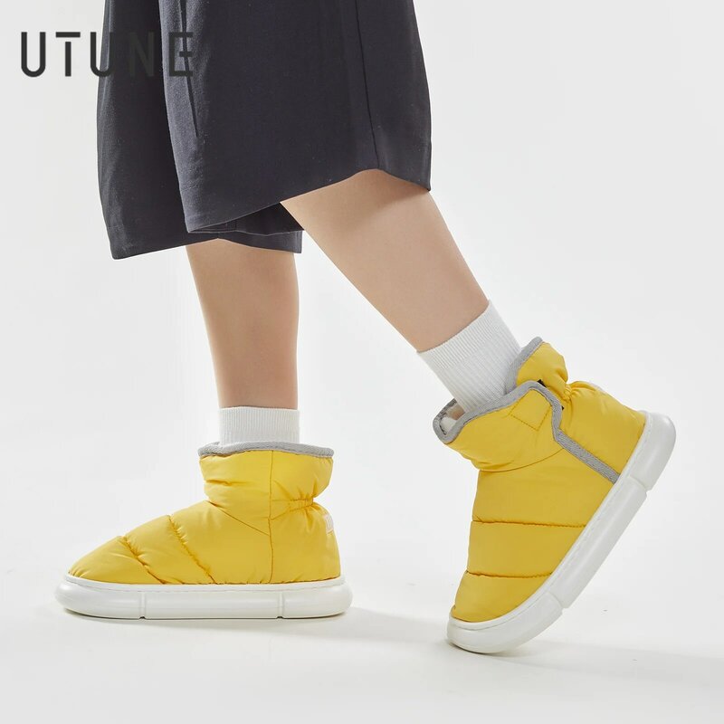 UTUNE Winter Warm Boots Down High Top Plush Furry Cotton Home Shoes Indoor Outdoor Non-slip Soft Sole Women Men Couple Shoes