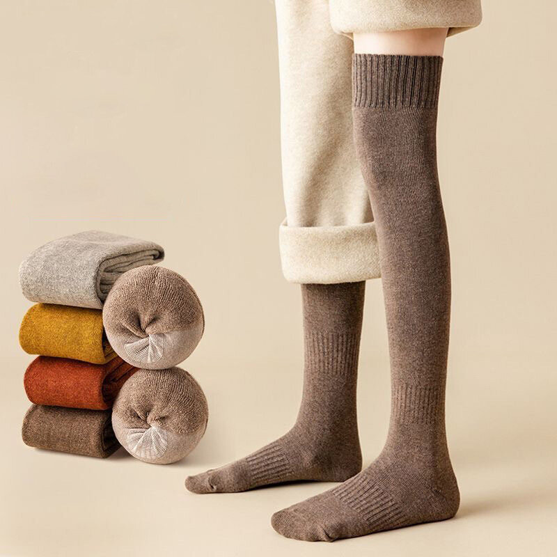 Calcetines largos hasta la rodilla para mujer, medias ajustadas de Color sólido para la nieve, con lazo grueso, para invierno, 2023