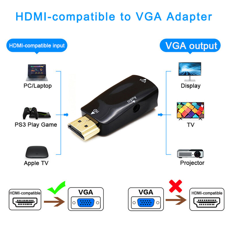 Convertisseur de câble audio compatible HDMI vers VGA, convertisseur de câble audio 1080P, prise jack 3.5mm, PC, ordinateur portable, boîtier TV, écran d'ordinateur