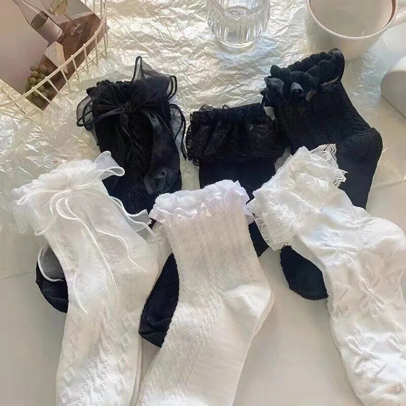 Calcetines cortos de Lolita para mujer, medias finas con volantes, estilo japonés, Kawaii, color blanco y negro, Verano
