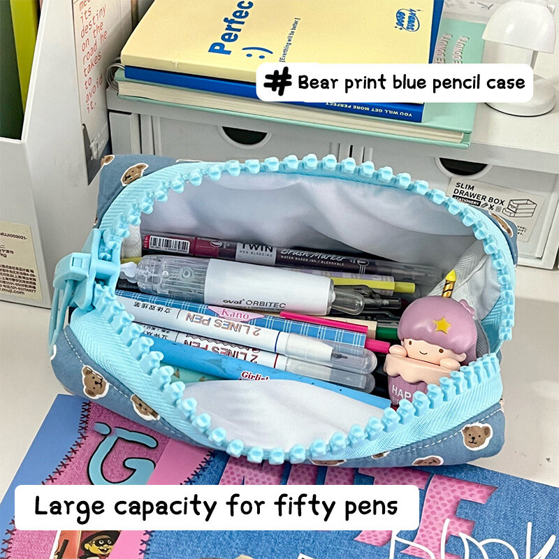 1PC Pencil Case High Capacity Color Fashion Modern Minimalist Stationery Box Blue Print Smooth Thickened Edging Little Bear Blue