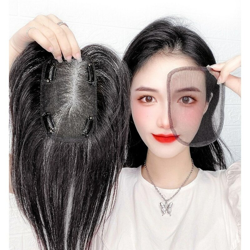 Rambut asli angsa hitam tidak terlihat, tambalan wig atas untuk wanita dengan volume rambut meningkat, halus dan bernapas tanpa merusak rambut