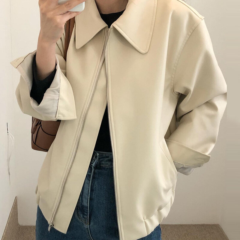 Autumn Faux Leather Jacket Women Turn-down Collar Zipper Long Sleeve Coat Korean Casual Loose Simple Solid Color Outerwear