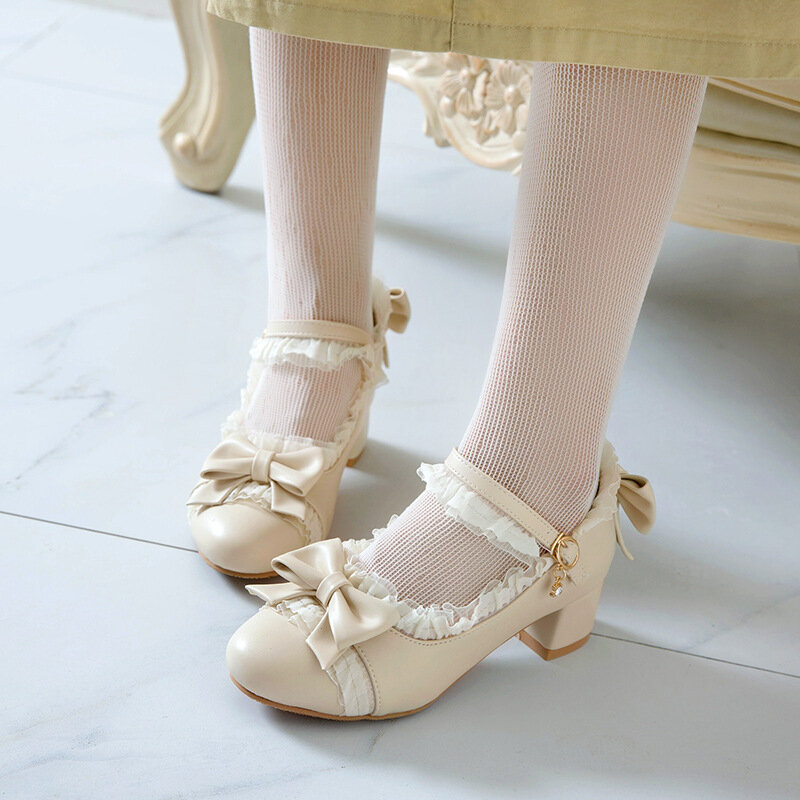 Zapatos de tacón alto para niñas, zapatos de Lolita, Mary Janes, con volantes, lazo, Princesa, fiesta, boda, talla 28-39