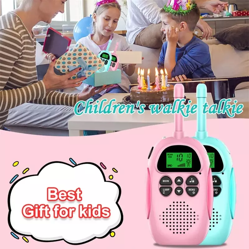 2 buah Walkie Talkie anak-anak Mini portabel 3-5km jarak jauh 1000mAh baterai Radio Interphone mainan dengan senter untuk anak laki-laki anak perempuan hadiah