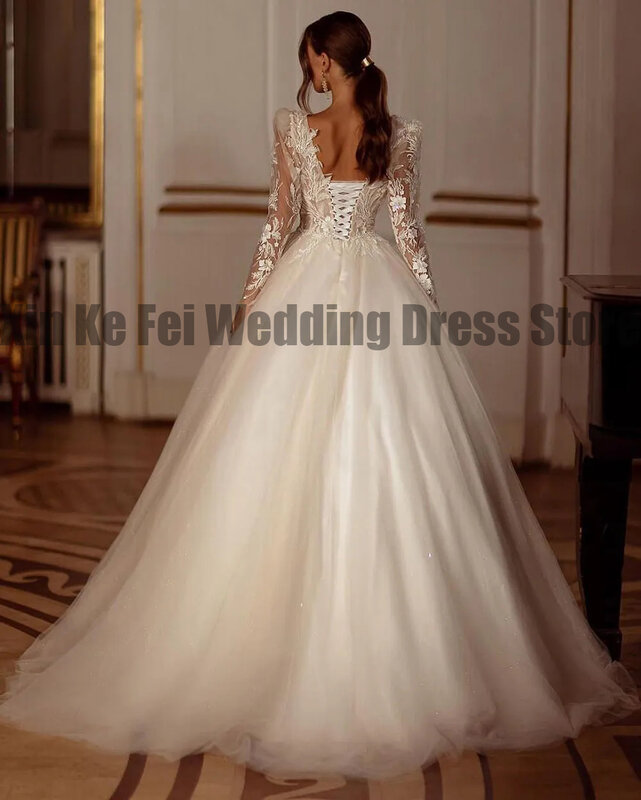 Gaun pengantin yang indah gaun renda applique lengan panjang leher V berbulu mengepel pengantin garis A saku Backless elegan baru 2023