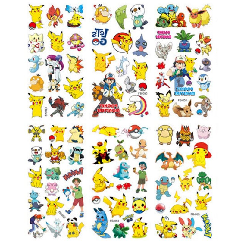 Pegatinas de tatuajes de Pokémon para niños y niñas, pegatinas impermeables de Pikachu, dibujos animados divertidos, regalo de cumpleaños y Navidad, juguete de recompensa, 12 unids/lote por bolsa