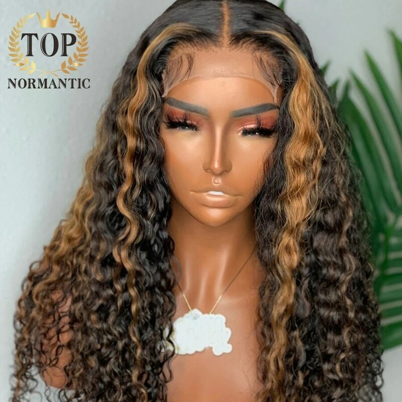 Perruque Lace Front Wig Deep Curly brésilienne naturelle, cheveux Remy, 13x6, pre-plucked, couleur à reflets, pour femmes