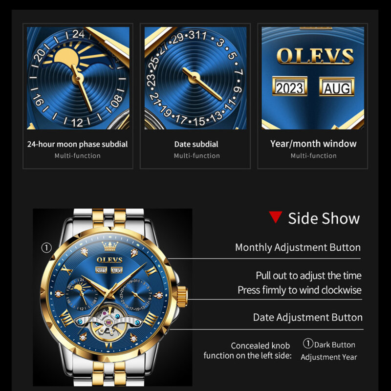 Olevs 6691 Mode Mechanisch Horloge Cadeau Roestvrijstalen Horlogeband Ronde Wijzerplaat Week Display Kalender Lichtgevend Jaar Display