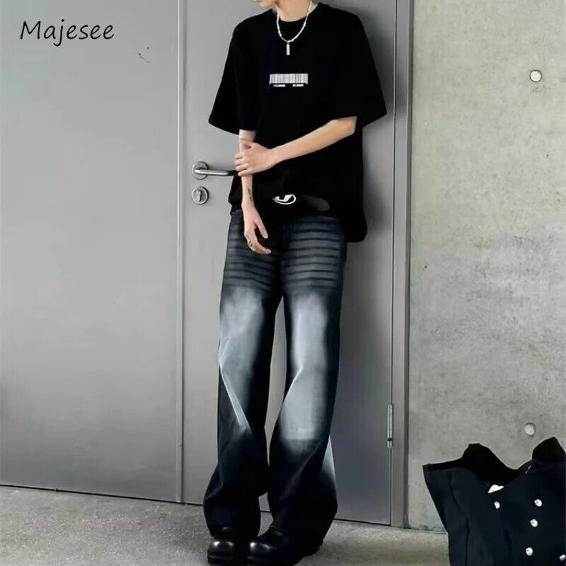 Jeans Men Spring European Style High Street Fashion Loose Casual Chic Gradient Color Vintage Straight Trousers Couple Students