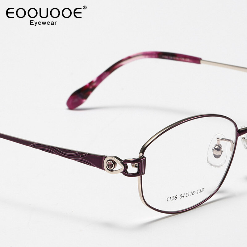 แว่นสายตาสำหรับผู้หญิงกรอบแว่นโลหะสีม่วงสำหรับการอ่านสายตาสั้นป้องกันการสะท้อนแสงแว่นตา