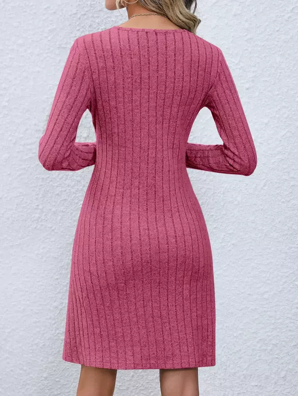 Женское трикотажное мини-платье в рубчик, однотонное ТРАПЕЦИЕВИДНОЕ ПЛАТЬЕ на пуговицах с длинным рукавом, осень 2023