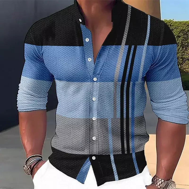 Koszula męska wzór w paski stójka na zewnątrz z długim rękawem odzież z nadrukiem moda uliczna z guzikami wzorem top