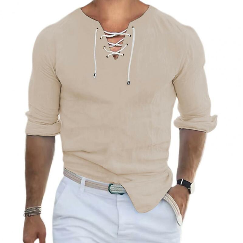 V-neck Men Shirt Retro Lace-up V Neck Men's Shirt with Slim Fit Long Sleeves for Spring Fall Soft Breathable Casual for Daily
