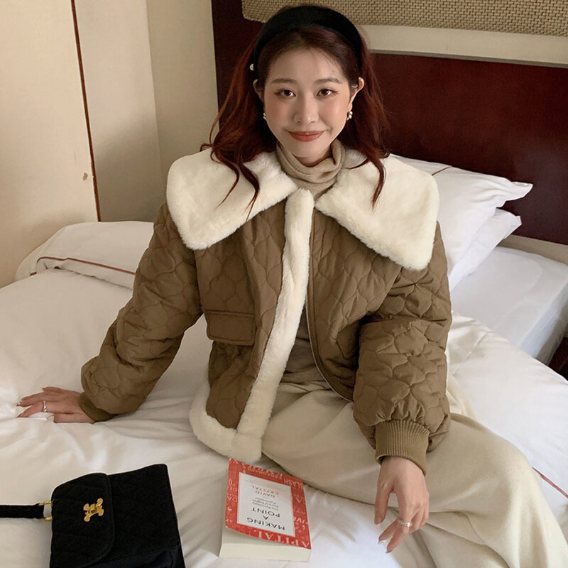 Модная плюшевая хлопковая куртка с большими лацканами в Корейском стиле, женское осенне-зимнее пальто на шнуровке с ромбовидным узором, Женская трендовая новая короткая парка, 2023