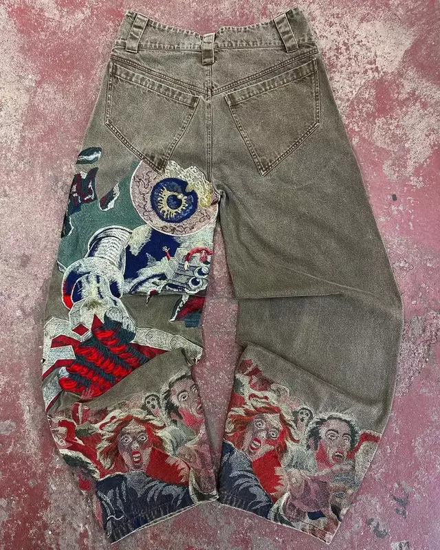 Jeans Harajuku Punk Y2K para homens e mulheres, jeans de perna larga, Hip Hop, streetwear retrô casual, bordado gráfico, jeans largos