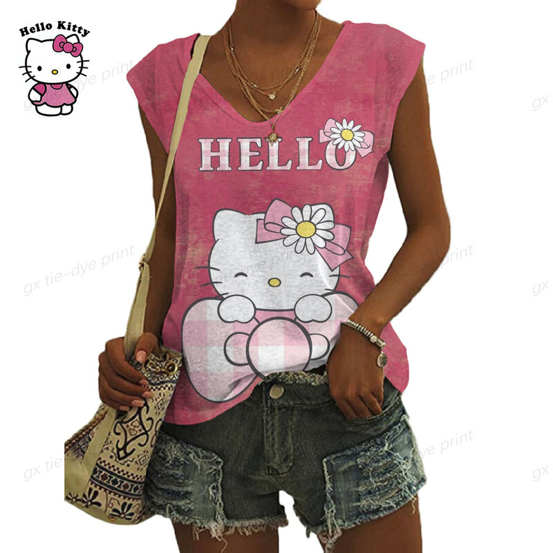2024 Модный женский мини-топ с аниме рисунком Hello Kitty3D, Женская майка с мультяшным рисунком, Женский Топ