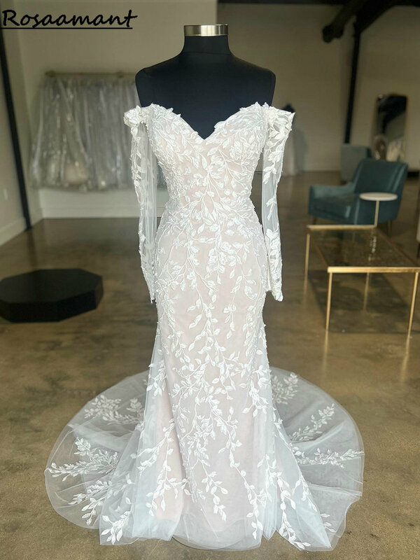 Real Image Off The Shoulder Illusion Back Mermaid Wedding Dresses Long Sleeve Appliques Lace Country Bridal Gowns