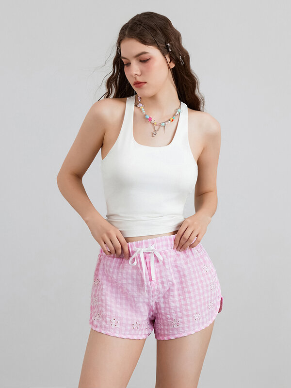 Y2K Women Striped Boxer Shorts Elastic Waist Gingham Pajama Bottoms Cute Lounge Pj Micro Shorts with Pockets