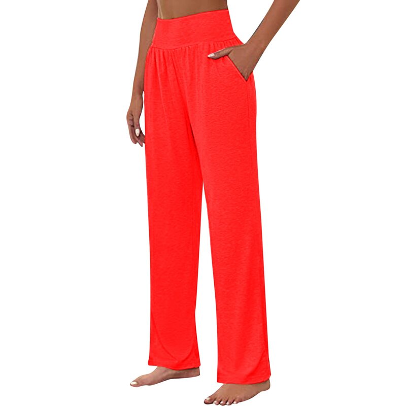 Pantalones de Yoga de pierna ancha para mujer, pantalones de chándal holgados y cómodos con bolsillos, talla grande, color sólido, cintura alta, elásticos, informales
